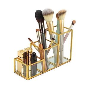 3-Slot Vintage Gold Glass Makeup Brush Holder & Cosmetic Organizer