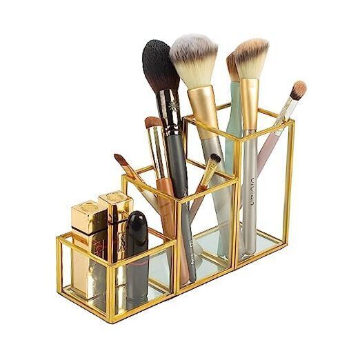 3-Slot Vintage Gold Glass Makeup Brush Holder & Cosmetic Organizer