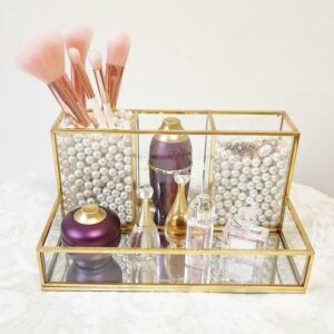 4-Compartment Vintage Gold Glass Makeup Organizer with Mirror Base