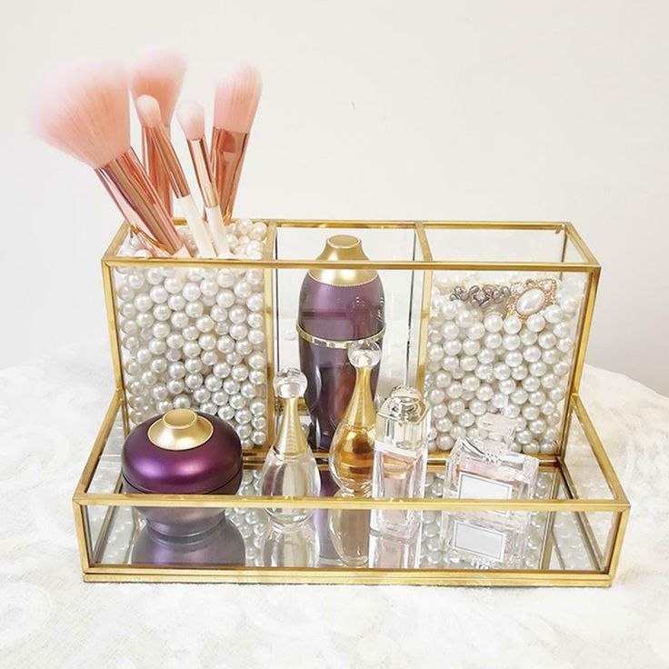 4-Compartment Vintage Gold Glass Makeup Organizer with Mirror Base