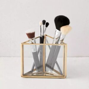 Vintage Gold Brass & Glass Geometric Makeup Brush Holder | 3-Slot Prism Vanity Organizer for Brushes, Eyeliners, and Stationery