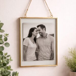 Classic Elegance – Vertical Hanging Brass & Glass Floating Picture Frame