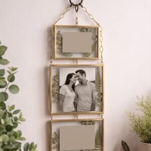 Vintage Triple-Tier Hanging Brass & Glass Picture Frame – 3-Window Floating Gallery