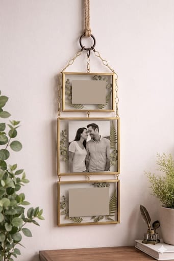Vintage Triple-Tier Hanging Brass & Glass Picture Frame – 3-Window Floating Gallery