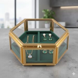 "The Vintage Vault: Hexagonal Glass & Gold Velvet Trinket Box"